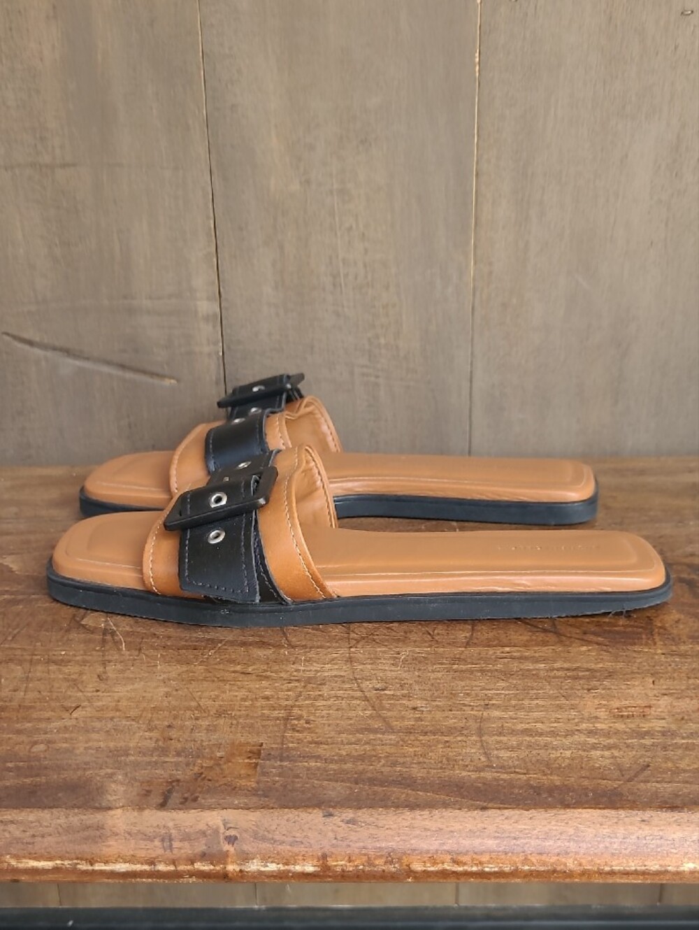 EUC Anthropologie Buckle Slides Women's sz 37/6.5US Cedar/Black Leather Sandals - Picture 2 of 10